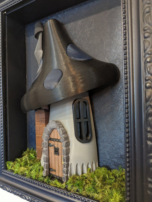 Gothic mushroom house in shadowbox frame.