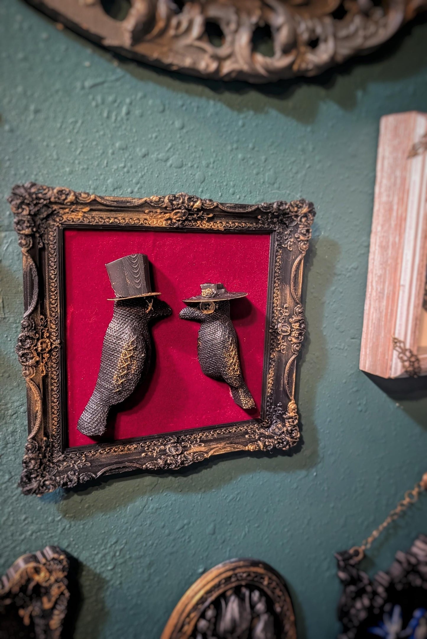 Victorian Gothic Crow Lovers Wall Art - Dark Ornate Frame with Red Velvet