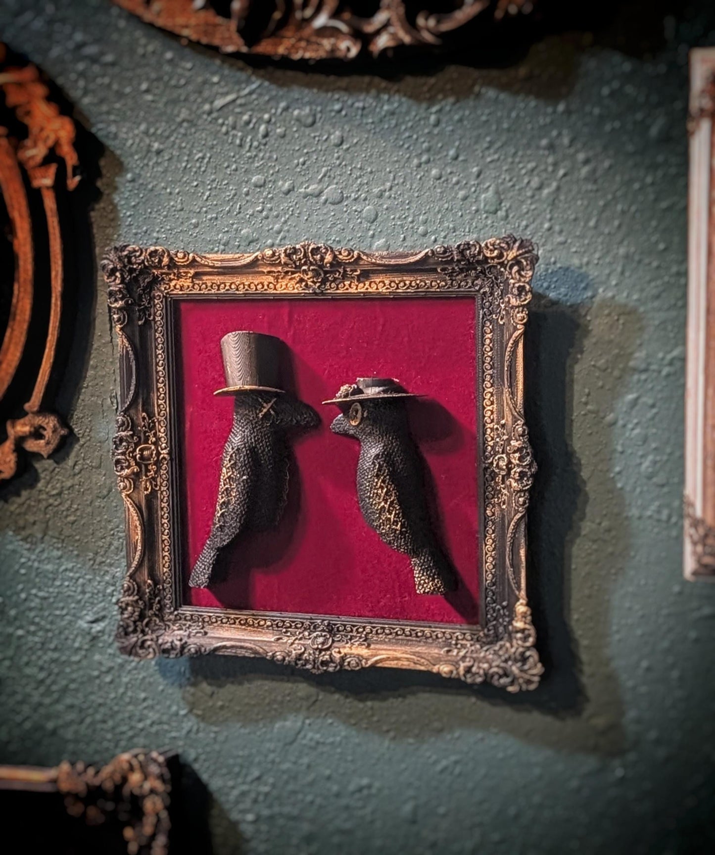 Victorian Gothic Crow Lovers Wall Art - Dark Ornate Frame with Red Velvet