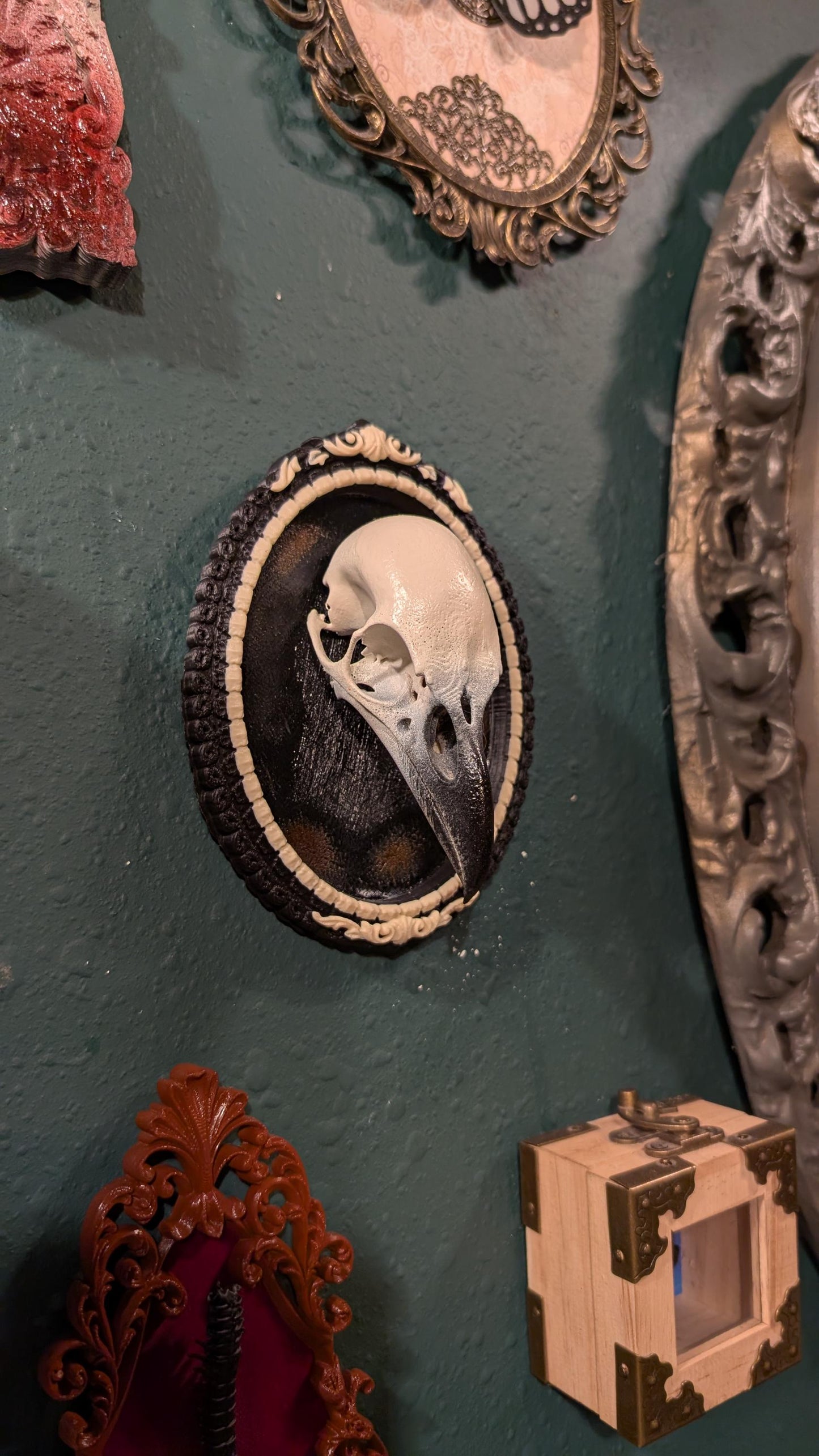 Raven skull replica in Gothic ornate frame