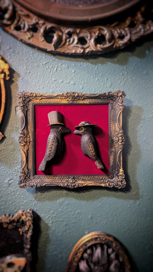 Victorian Gothic Crow Lovers Wall Art - Dark Ornate Frame with Red Velvet